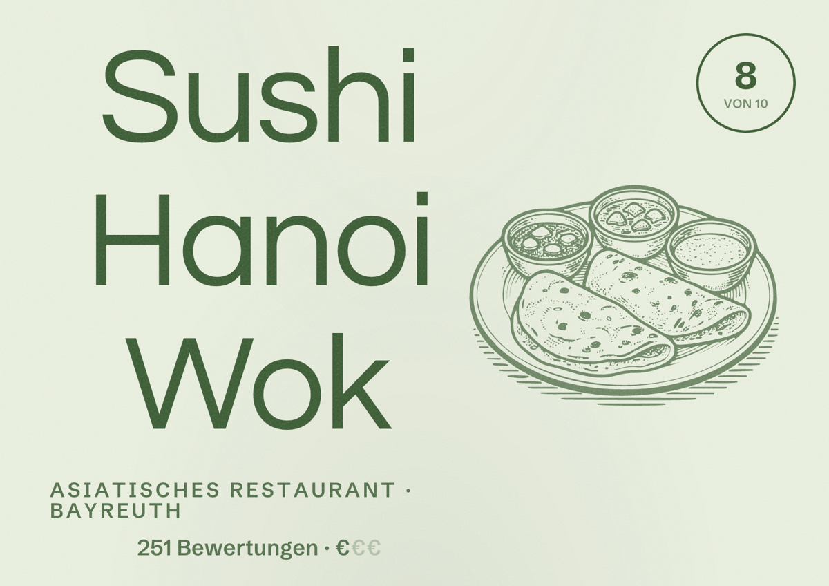 Illustriertes Poster von Sushi Hanoi Wok, Asiatisches Restaurant in Bayreuth: Bewertung 8 von 10 aus 251 Bewertungen, Preisniveau €