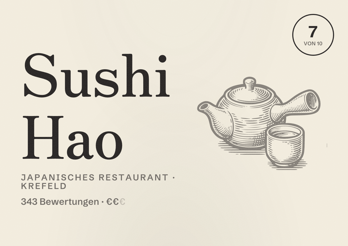 Illustriertes Poster von Sushi Hao, Japanisches Restaurant in Krefeld: Bewertung 7 von 10 aus 343 Bewertungen, Preisniveau €€