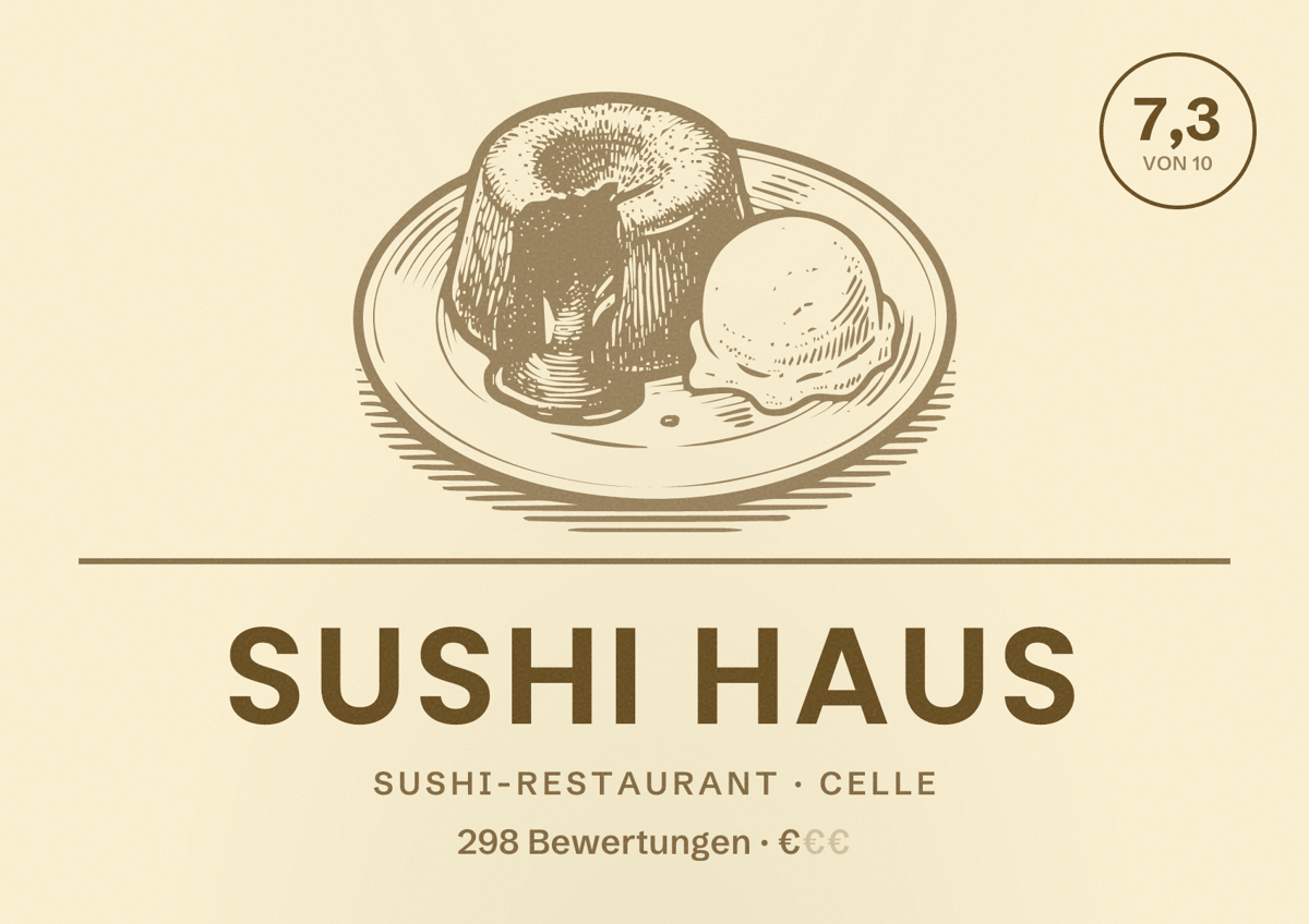 Illustriertes Poster von Sushi Haus, Sushi-Restaurant in Celle: Bewertung 7,3 von 10 aus 298 Bewertungen, Preisniveau €