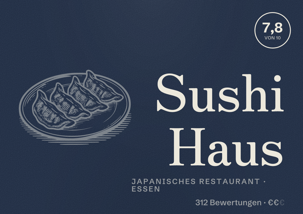 Illustriertes Poster von Sushi Haus, Japanisches Restaurant in Essen: Bewertung 7,8 von 10 aus 312 Bewertungen, Preisniveau €€