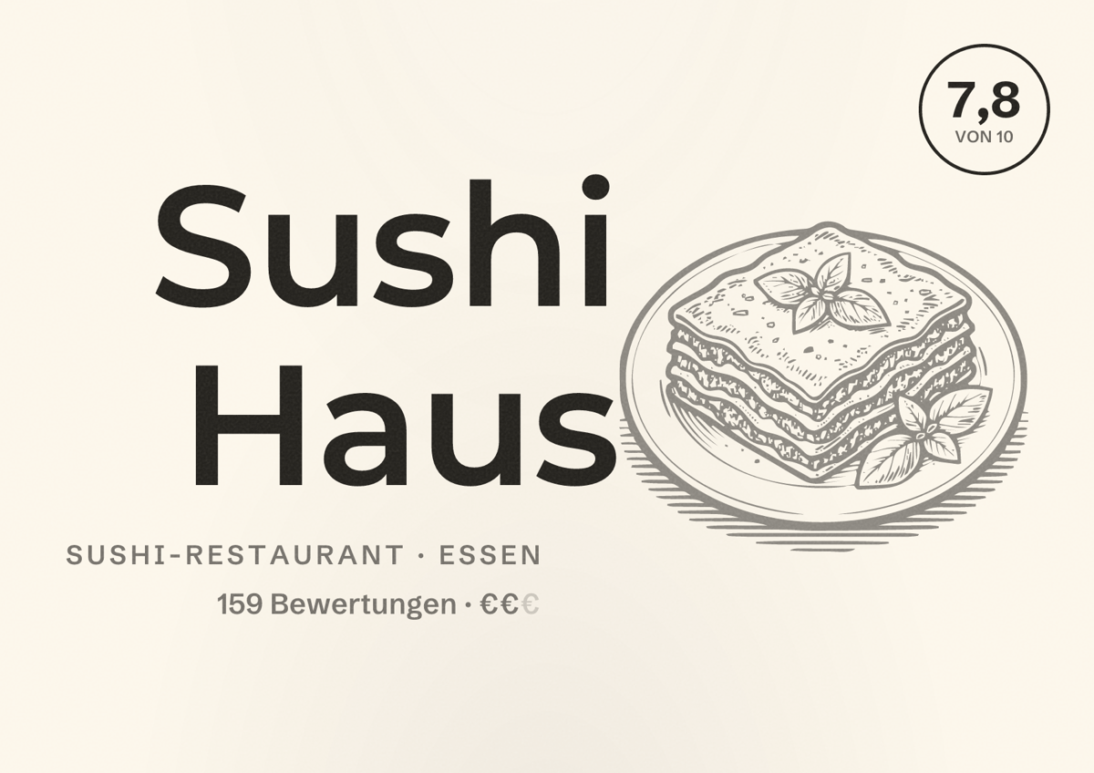 Illustriertes Poster von Sushi Haus, Sushi-Restaurant in Essen: Bewertung 7,8 von 10 aus 159 Bewertungen, Preisniveau €€