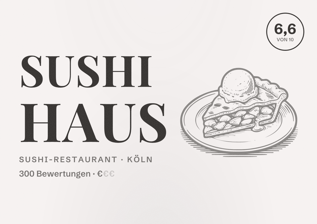 Illustriertes Poster von Sushi Haus, Sushi-Restaurant in Köln: Bewertung 6,6 von 10 aus 300 Bewertungen, Preisniveau €