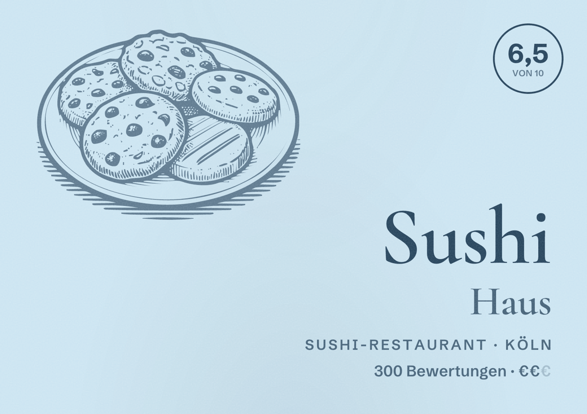Illustriertes Poster von Sushi Haus, Sushi-Restaurant in Köln: Bewertung 6,5 von 10 aus 300 Bewertungen, Preisniveau €€