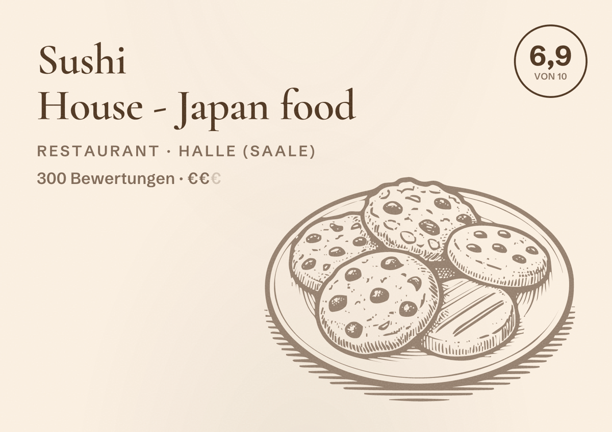Illustriertes Poster von Sushi House - Japan food, Restaurant in Halle (Saale): Bewertung 6,9 von 10 aus 300 Bewertungen, Preisniveau €€