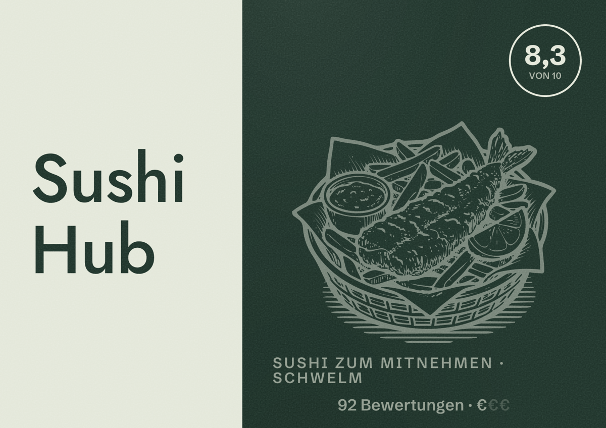 Illustriertes Poster von Sushi Hub, Sushi zum Mitnehmen in Schwelm: Bewertung 8,3 von 10 aus 92 Bewertungen, Preisniveau €