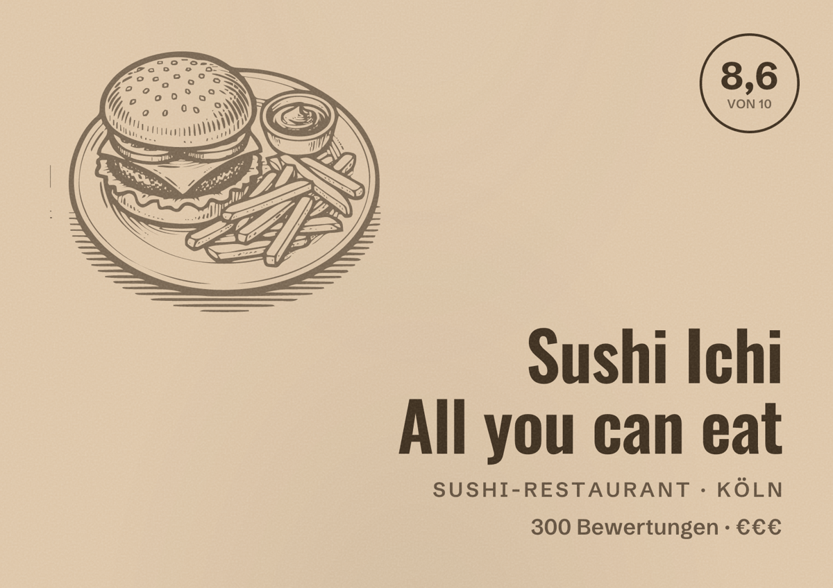 Illustriertes Poster von Sushi Ichi All you can eat, Sushi-Restaurant in Köln: Bewertung 8,6 von 10 aus 300 Bewertungen, Preisniveau €€€
