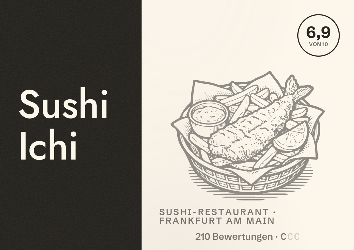 Illustriertes Poster von Sushi Ichi, Sushi-Restaurant in Frankfurt am Main: Bewertung 6,9 von 10 aus 210 Bewertungen, Preisniveau €
