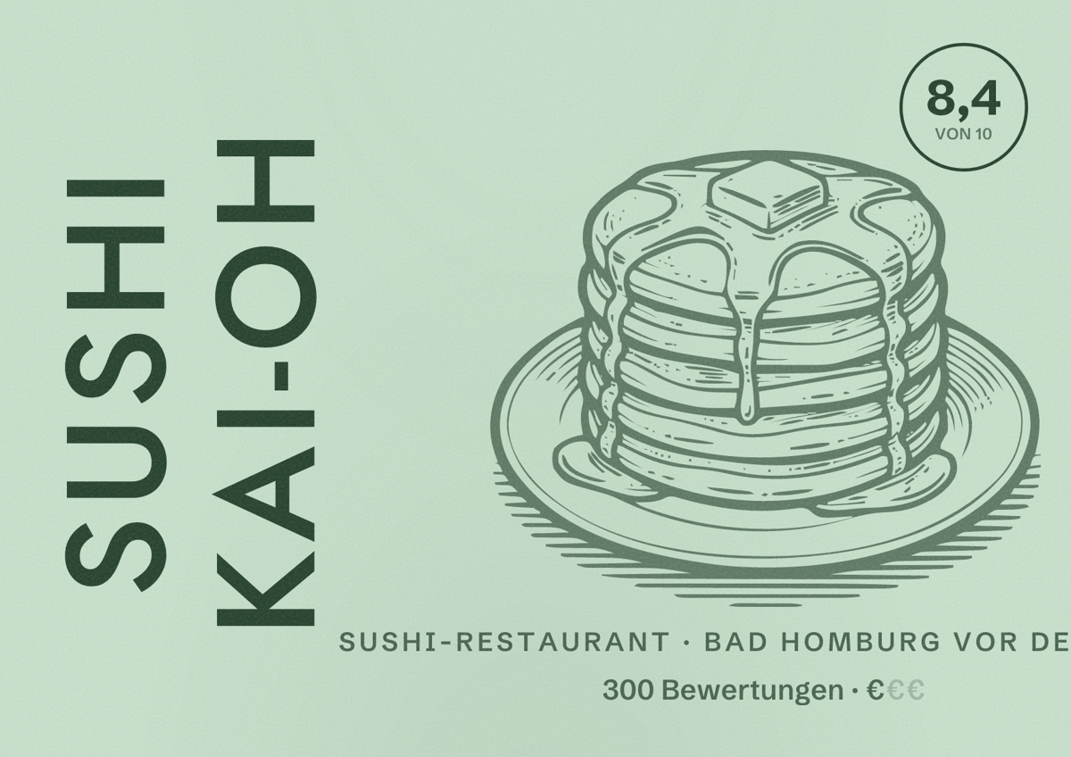 Illustriertes Poster von Sushi KAI-OH, Sushi-Restaurant in Bad Homburg vor der Höhe: Bewertung 8,4 von 10 aus 300 Bewertungen, Preisniveau €