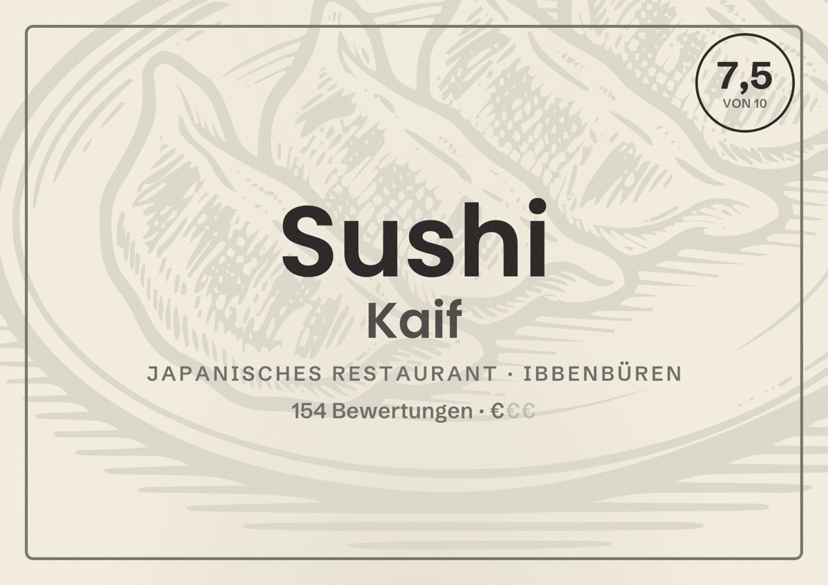 Illustriertes Poster von Sushi Kaif, Japanisches Restaurant in Ibbenbüren: Bewertung 7,5 von 10 aus 154 Bewertungen, Preisniveau €