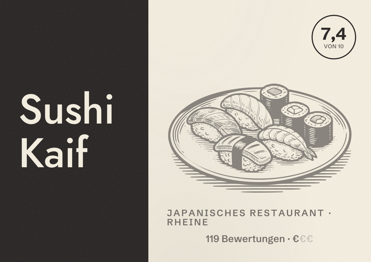 Illustriertes Poster von Sushi Kaif, Japanisches Restaurant in Rheine: Bewertung 7,4 von 10 aus 119 Bewertungen, Preisniveau €