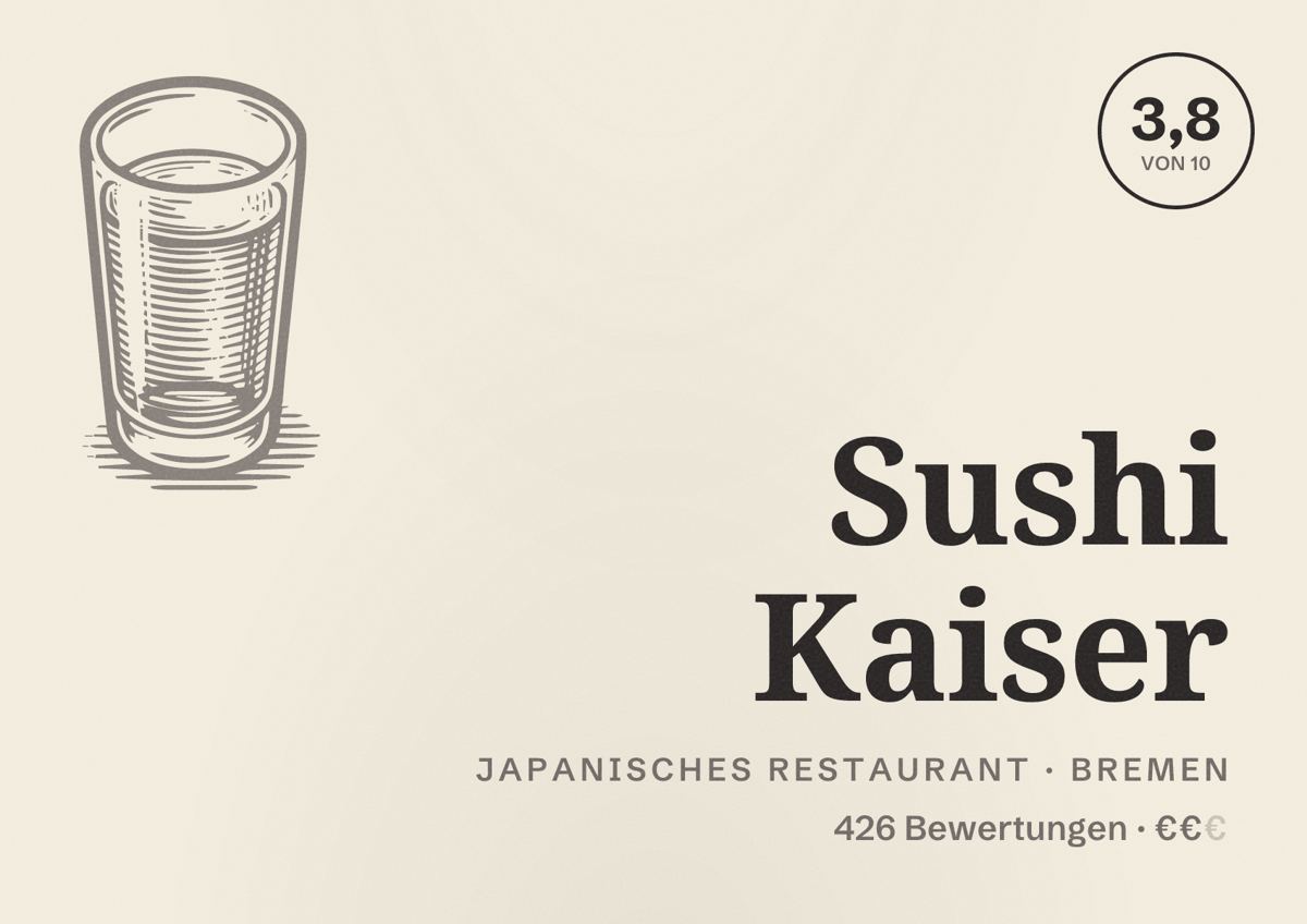 Illustriertes Poster von Sushi Kaiser, Japanisches Restaurant in Bremen: Bewertung 3,8 von 10 aus 426 Bewertungen, Preisniveau €€