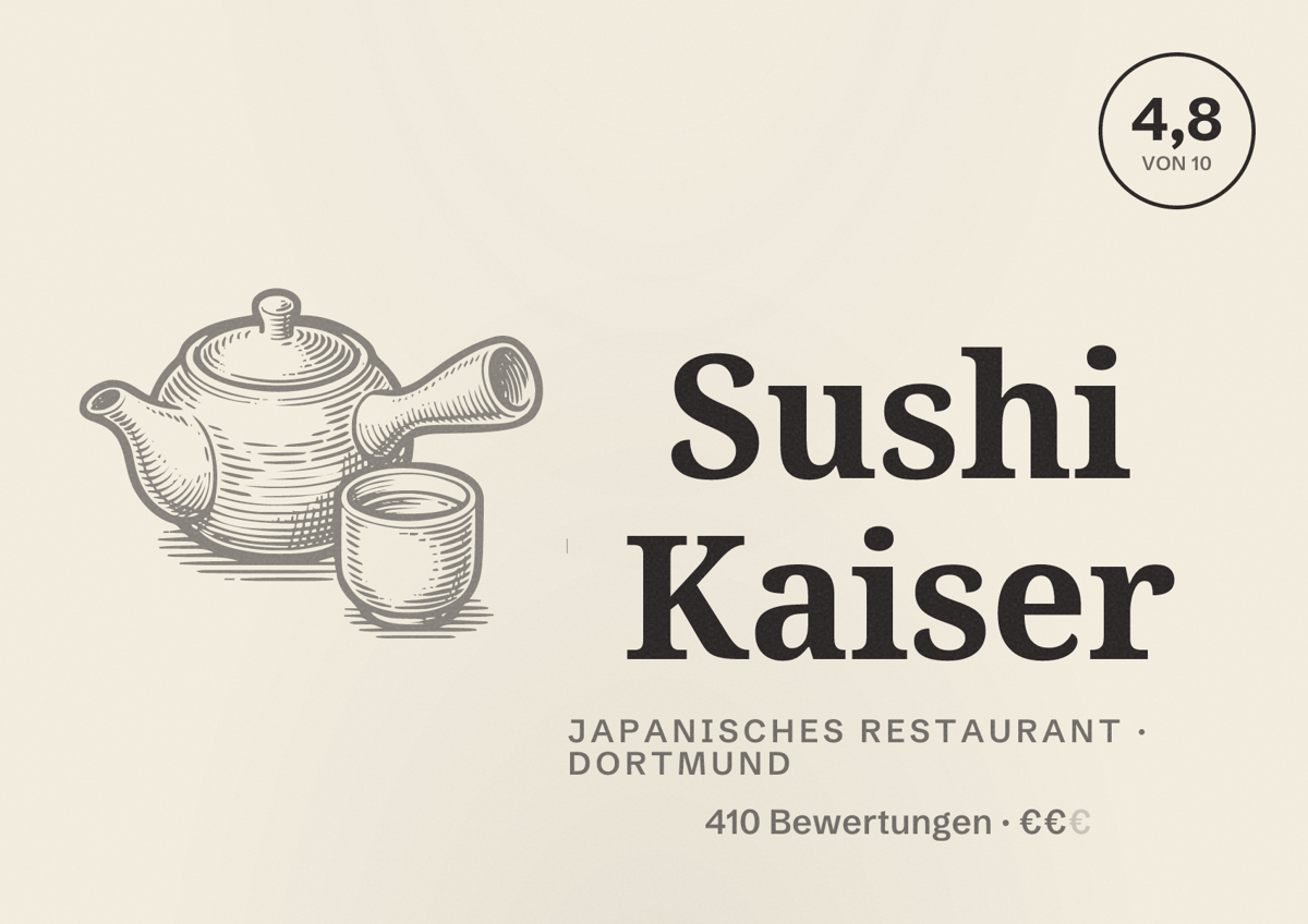 Illustriertes Poster von Sushi Kaiser, Japanisches Restaurant in Dortmund: Bewertung 4,8 von 10 aus 410 Bewertungen, Preisniveau €€