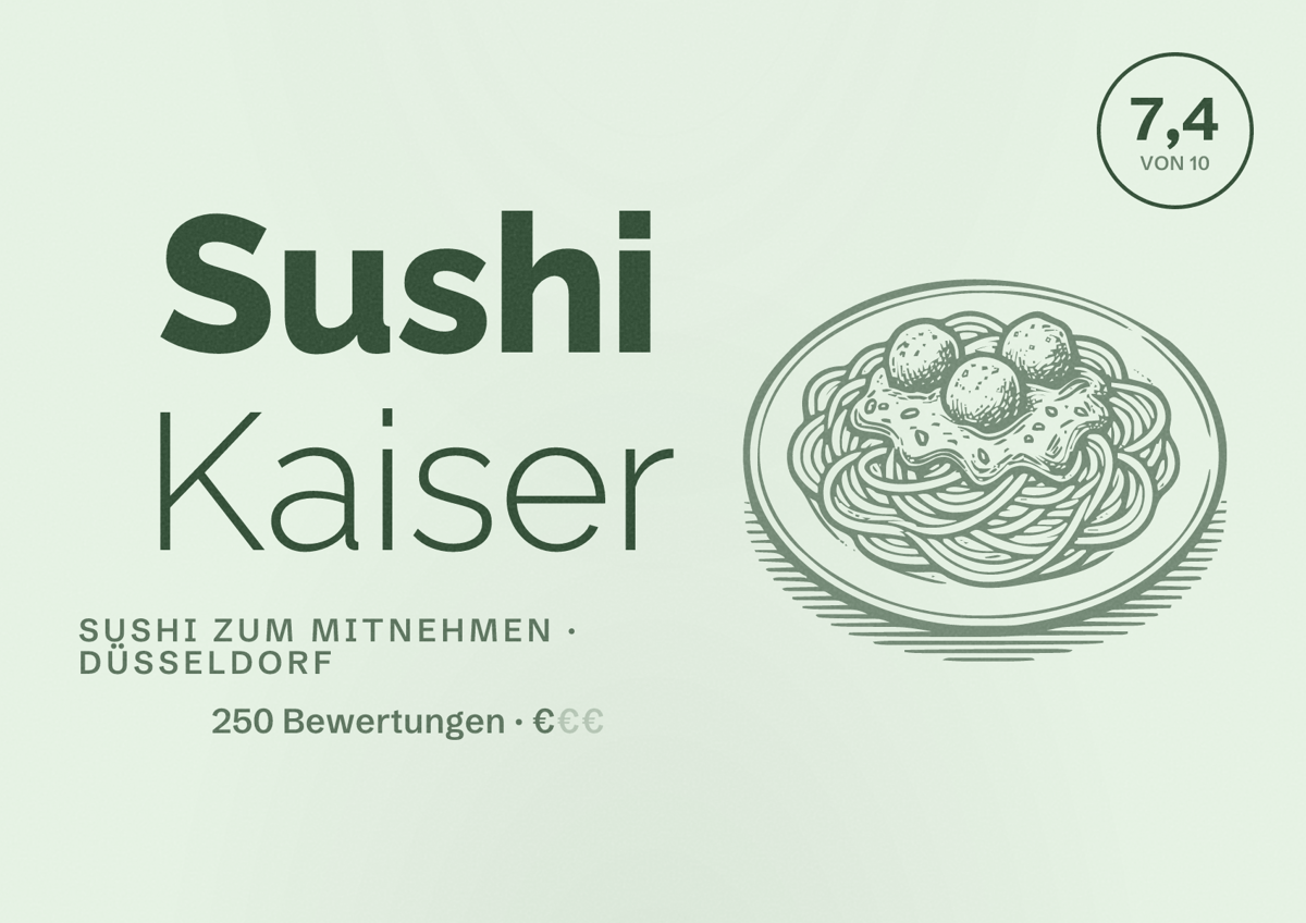 Illustriertes Poster von Sushi Kaiser, Sushi zum Mitnehmen in Düsseldorf: Bewertung 7,4 von 10 aus 250 Bewertungen, Preisniveau €