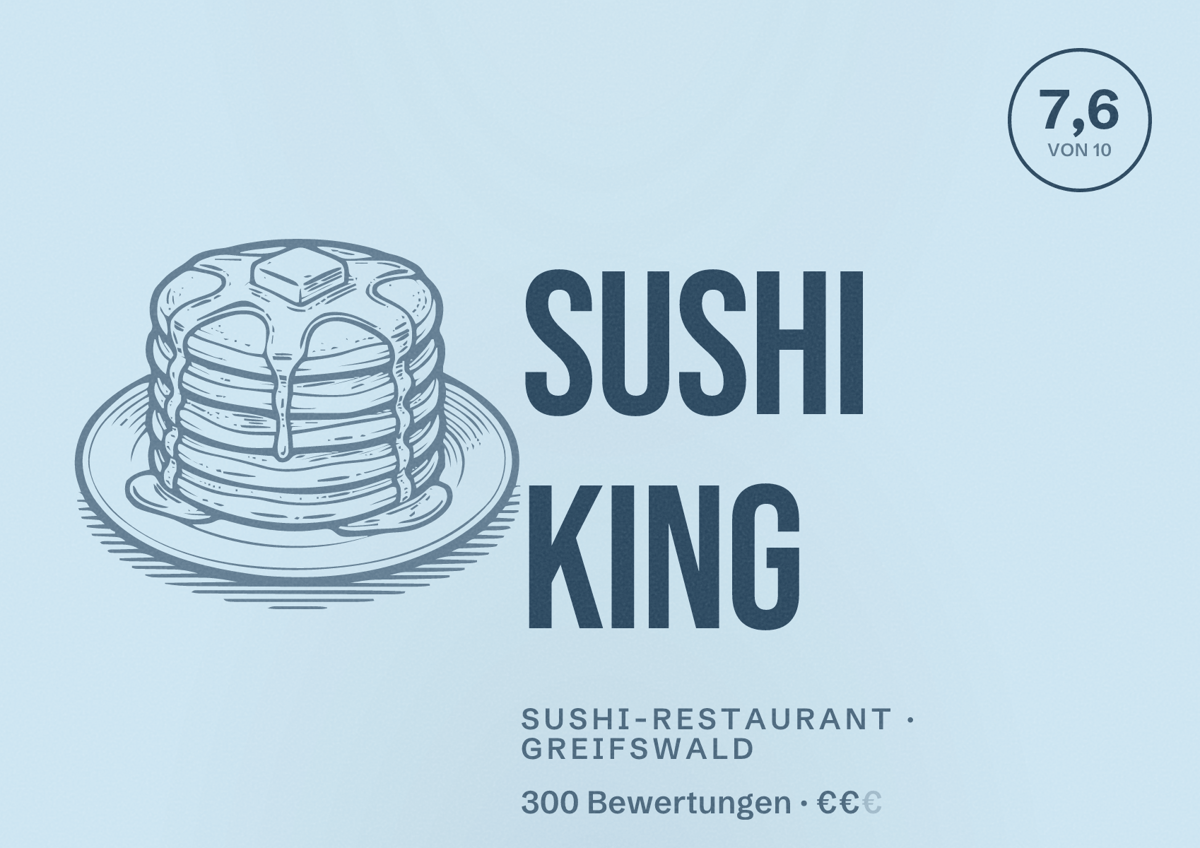 Illustriertes Poster von Sushi King, Sushi-Restaurant in Greifswald: Bewertung 7,6 von 10 aus 300 Bewertungen, Preisniveau €€