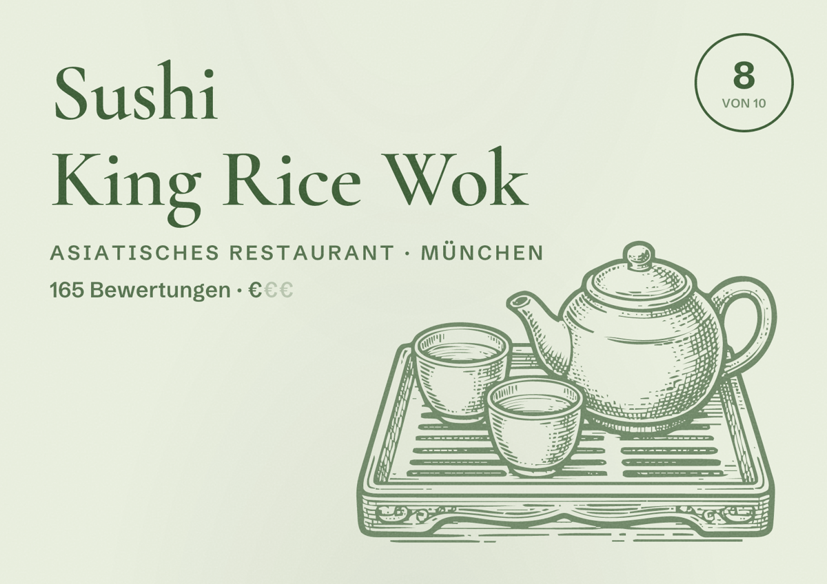 Illustriertes Poster von Sushi King Rice Wok, Asiatisches Restaurant in München: Bewertung 8,0 von 10 aus 165 Bewertungen, Preisniveau €