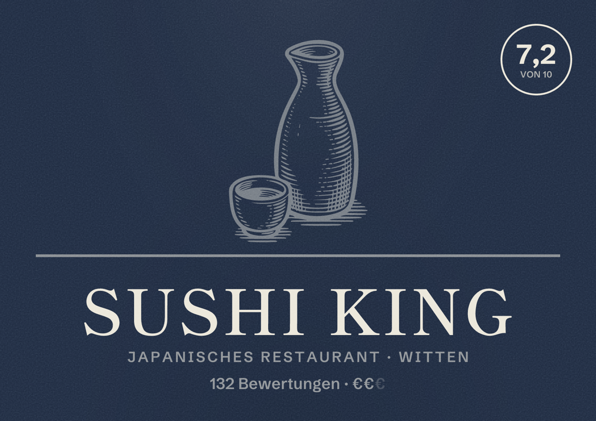 Illustriertes Poster von Sushi king, Japanisches Restaurant in Witten: Bewertung 7,2 von 10 aus 132 Bewertungen, Preisniveau €€