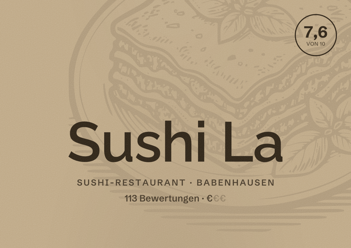 Illustriertes Poster von Sushi La, Sushi-Restaurant in Babenhausen: Bewertung 7,6 von 10 aus 113 Bewertungen, Preisniveau €