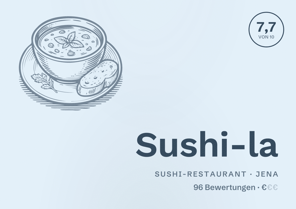 Illustriertes Poster von Sushi-la, Sushi-Restaurant in Jena: Bewertung 7,7 von 10 aus 96 Bewertungen, Preisniveau €