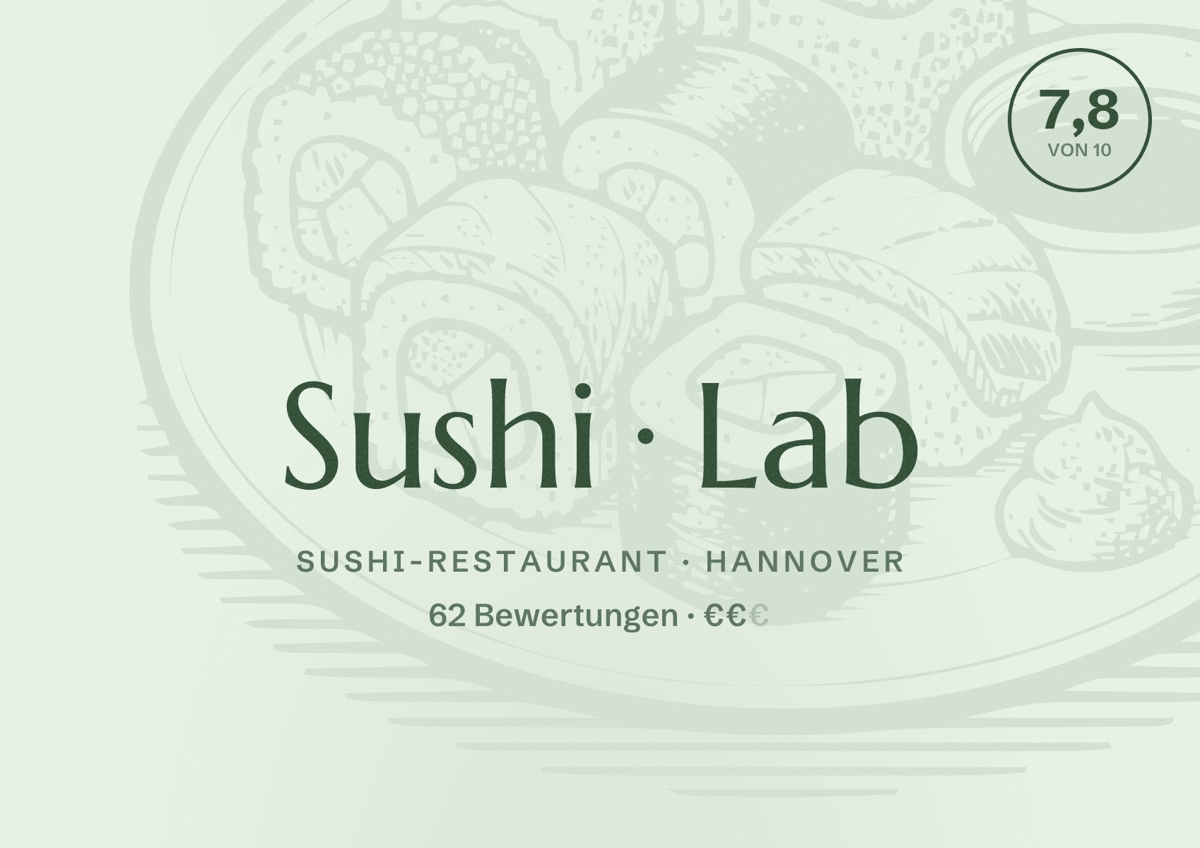 Illustriertes Poster von Sushi Lab, Sushi-Restaurant in Hannover: Bewertung 7,8 von 10 aus 62 Bewertungen, Preisniveau €€