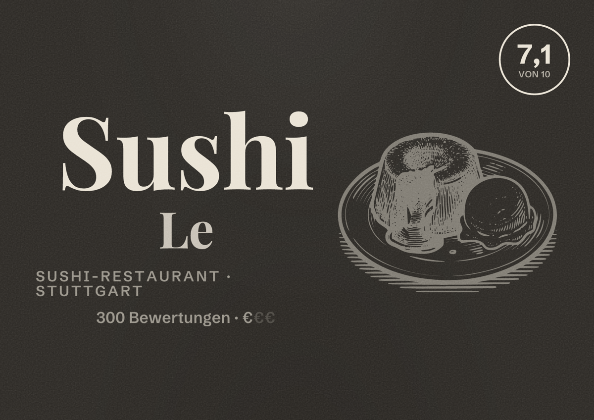 Illustriertes Poster von Sushi Le, Sushi-Restaurant in Stuttgart: Bewertung 7,1 von 10 aus 300 Bewertungen, Preisniveau €