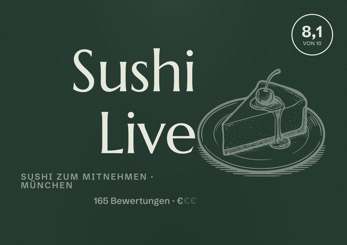 Illustriertes Poster von Sushi Live, Sushi zum Mitnehmen in München: Bewertung 8,1 von 10 aus 165 Bewertungen, Preisniveau €