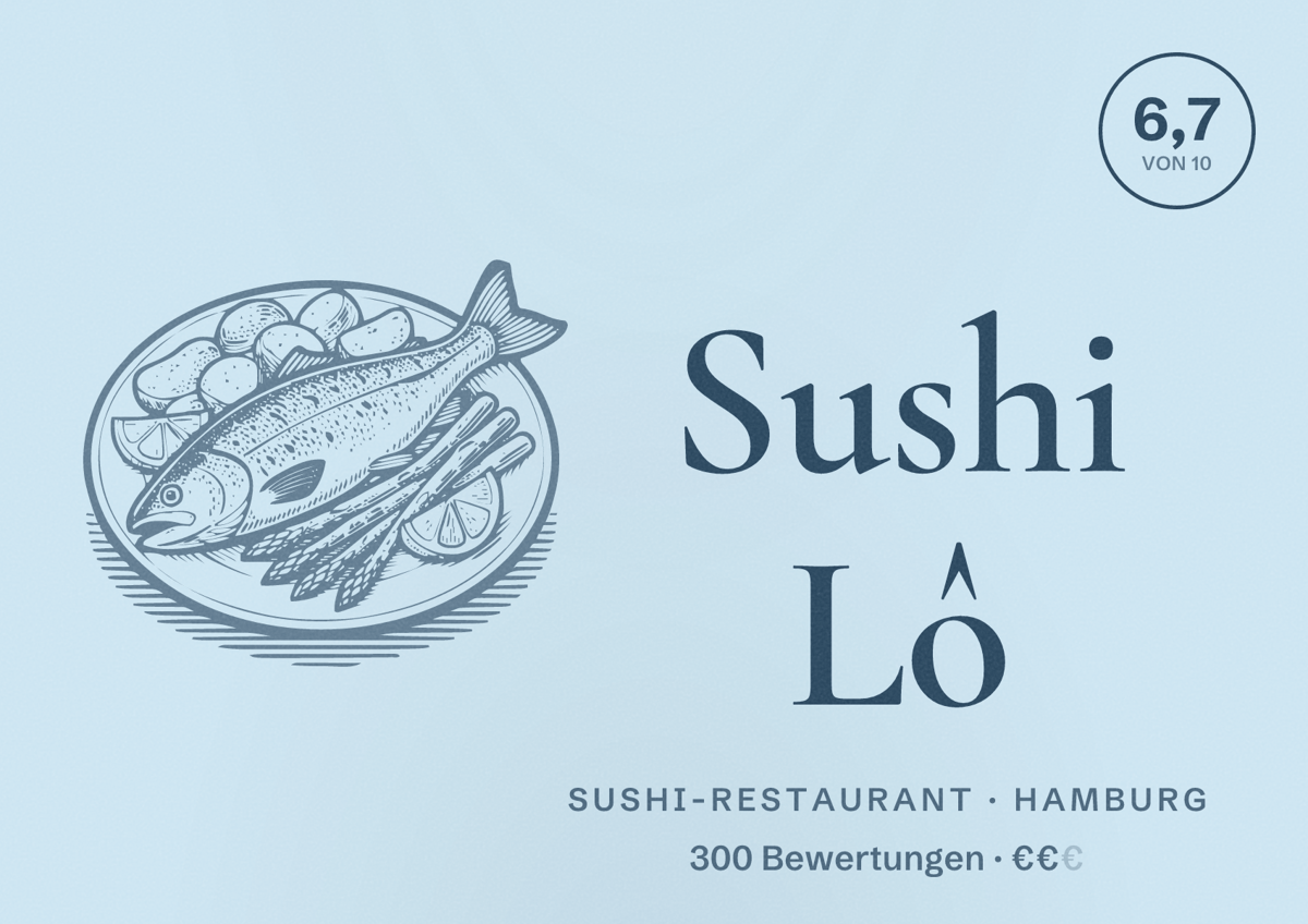 Illustriertes Poster von Sushi Lô, Sushi-Restaurant in Hamburg: Bewertung 6,7 von 10 aus 300 Bewertungen, Preisniveau €€