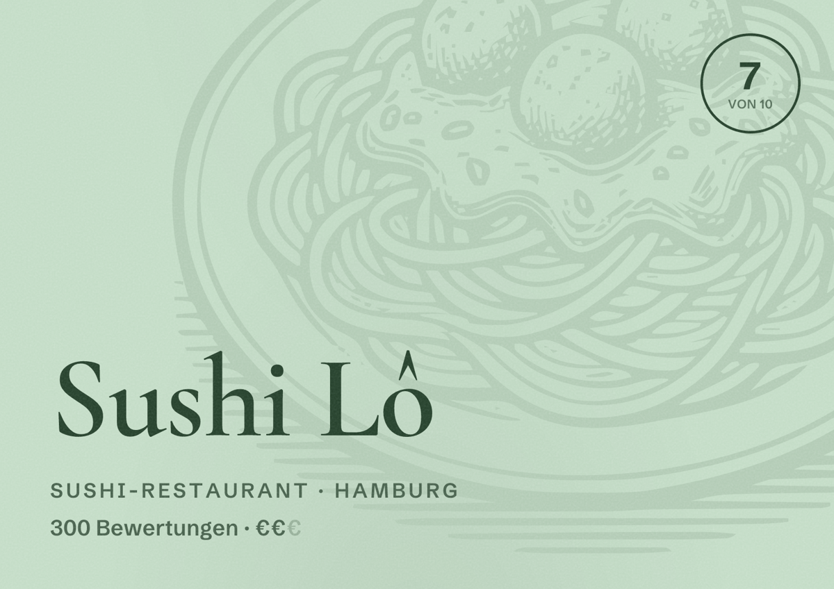 Illustriertes Poster von Sushi Lô, Sushi-Restaurant in Hamburg: Bewertung 7 von 10 aus 300 Bewertungen, Preisniveau €€