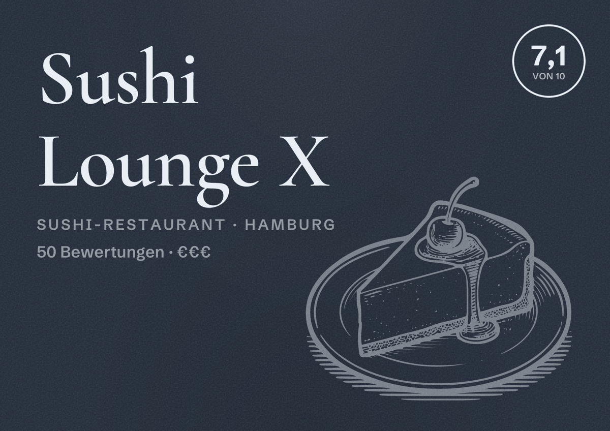 Illustriertes Poster von Sushi Lounge X, Sushi-Restaurant in Hamburg: Bewertung 7,1 von 10 aus 50 Bewertungen, Preisniveau €€€