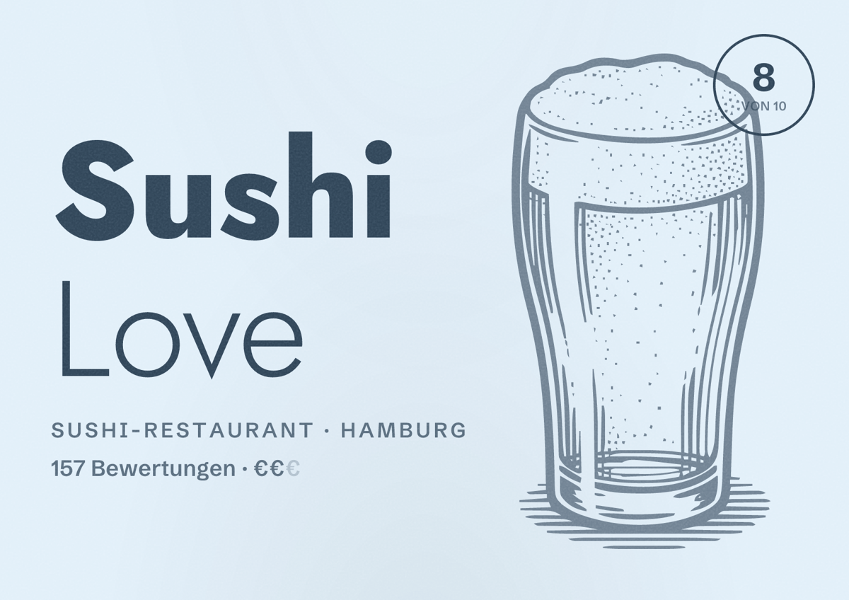Illustriertes Poster von Sushi Love, Sushi-Restaurant in Hamburg: Bewertung 8,0 von 10 aus 157 Bewertungen, Preisniveau €€