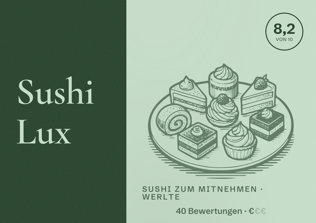 Illustriertes Poster von Sushi Lux, Sushi zum Mitnehmen in Werlte: Bewertung 8,2 von 10 aus 40 Bewertungen, Preisniveau €