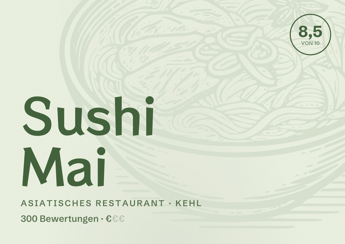 Illustriertes Poster von Sushi Mai, Asiatisches Restaurant in Kehl: Bewertung 8,5 von 10 aus 300 Bewertungen, Preisniveau €