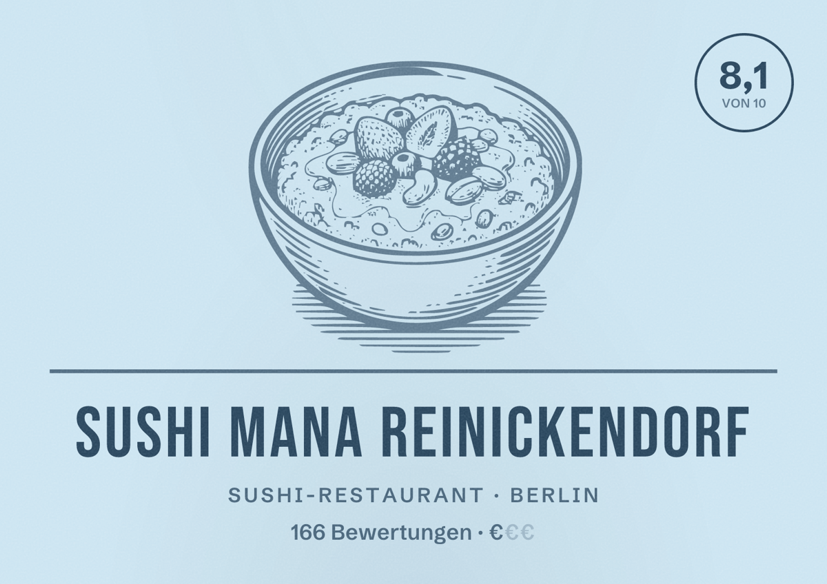 Illustriertes Poster von Sushi Mana Reinickendorf, Sushi-Restaurant in Berlin: Bewertung 8,1 von 10 aus 166 Bewertungen, Preisniveau €