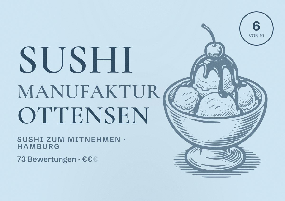 Illustriertes Poster von Sushi Manufaktur Ottensen, Sushi zum Mitnehmen in Hamburg: Bewertung 6,0 von 10 aus 73 Bewertungen, Preisniveau €€