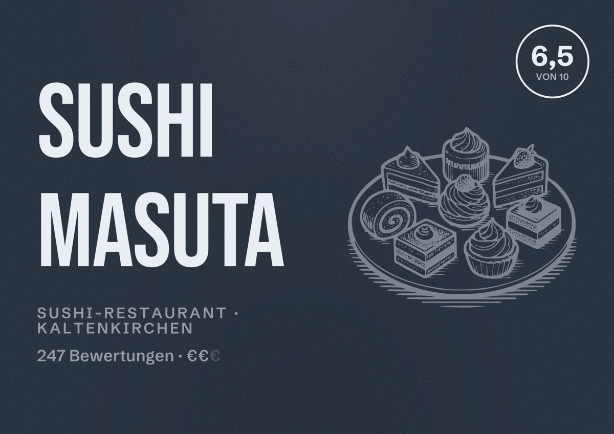 Illustriertes Poster von Sushi Masuta, Sushi-Restaurant in Kaltenkirchen: Bewertung 6,5 von 10 aus 247 Bewertungen, Preisniveau €€
