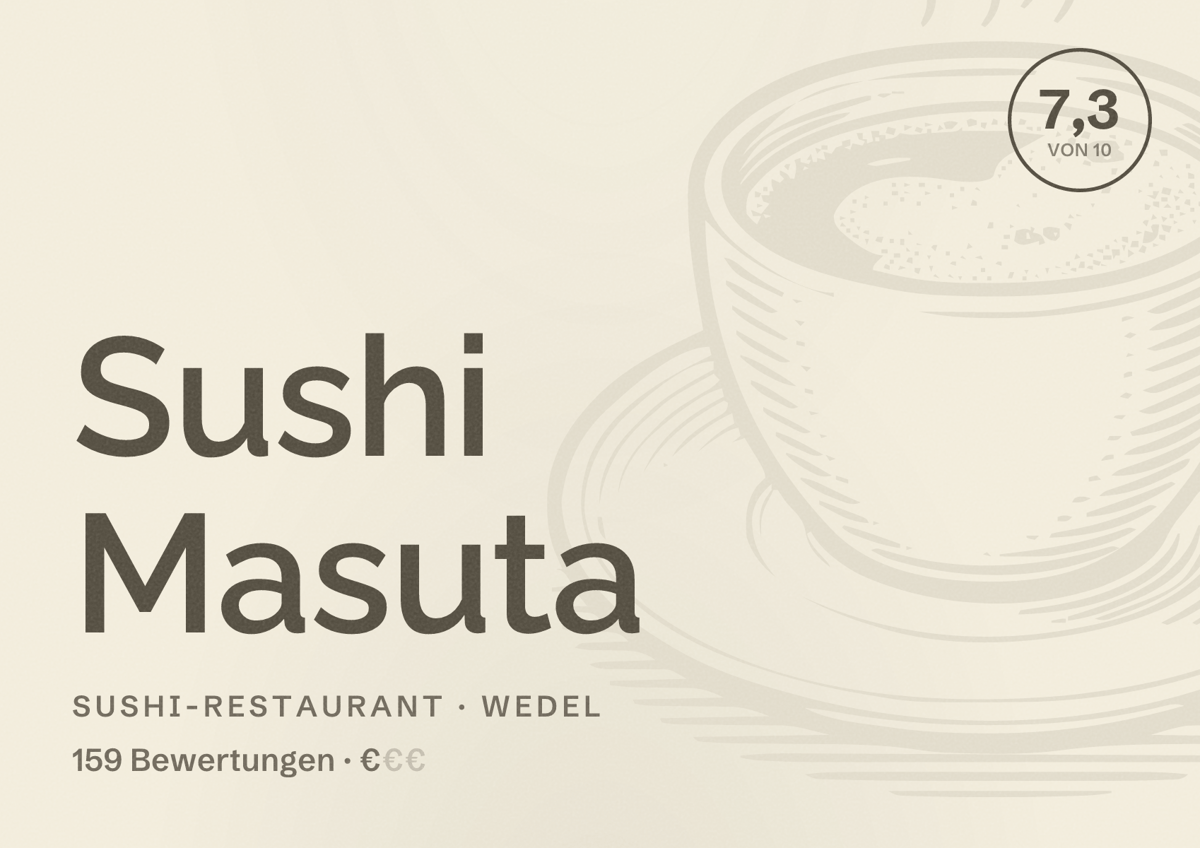 Illustriertes Poster von Sushi Masuta, Sushi-Restaurant in Wedel: Bewertung 7,3 von 10 aus 159 Bewertungen, Preisniveau €