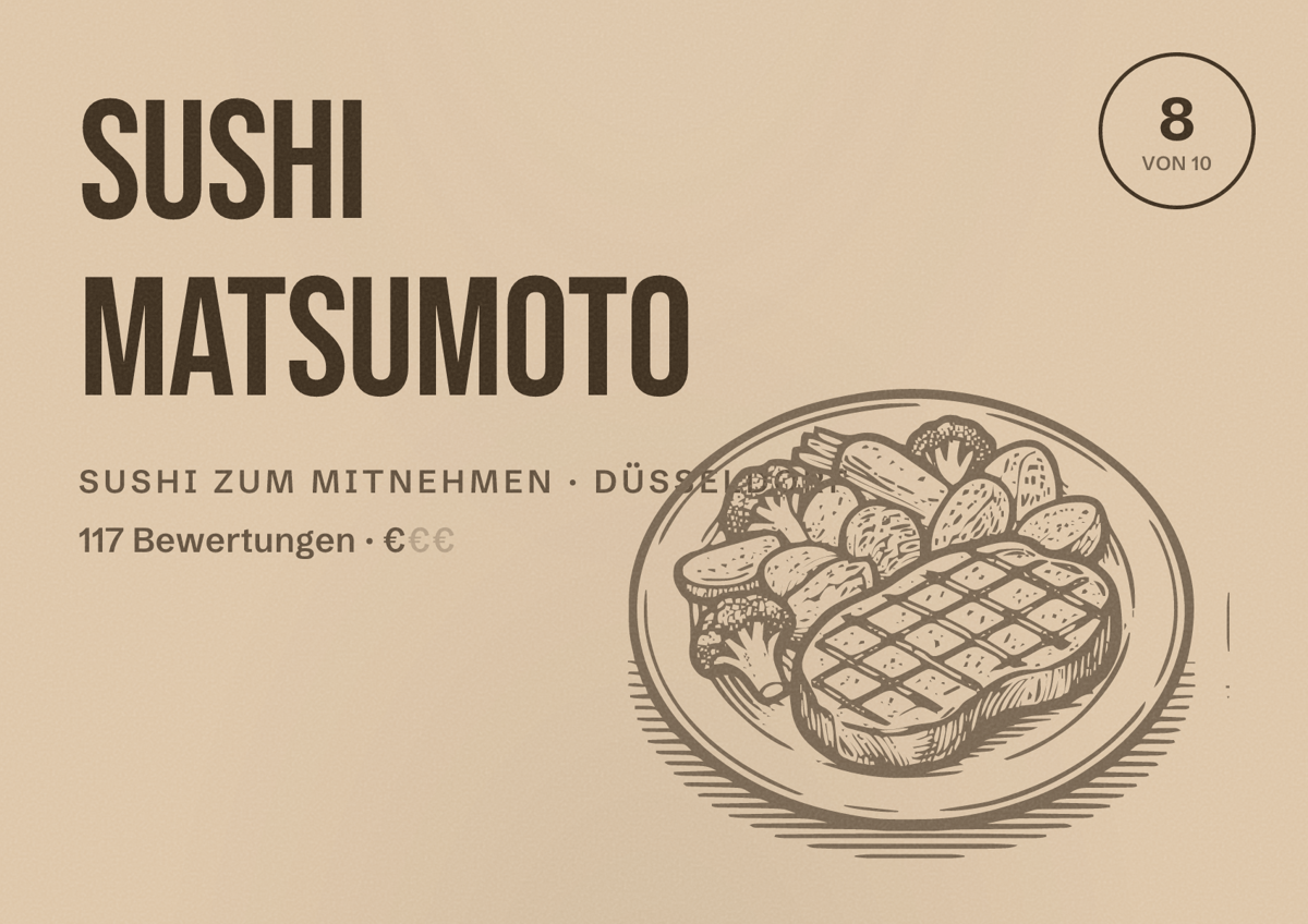 Illustriertes Poster von Sushi Matsumoto, Sushi zum Mitnehmen in Düsseldorf: Bewertung 8,0 von 10 aus 117 Bewertungen, Preisniveau €