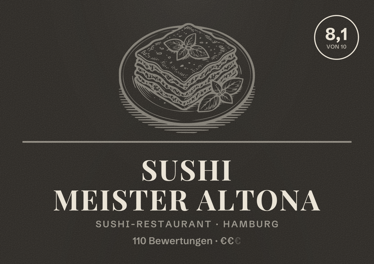 Illustriertes Poster von Sushi Meister Altona, Sushi-Restaurant in Hamburg: Bewertung 8,1 von 10 aus 110 Bewertungen, Preisniveau €€