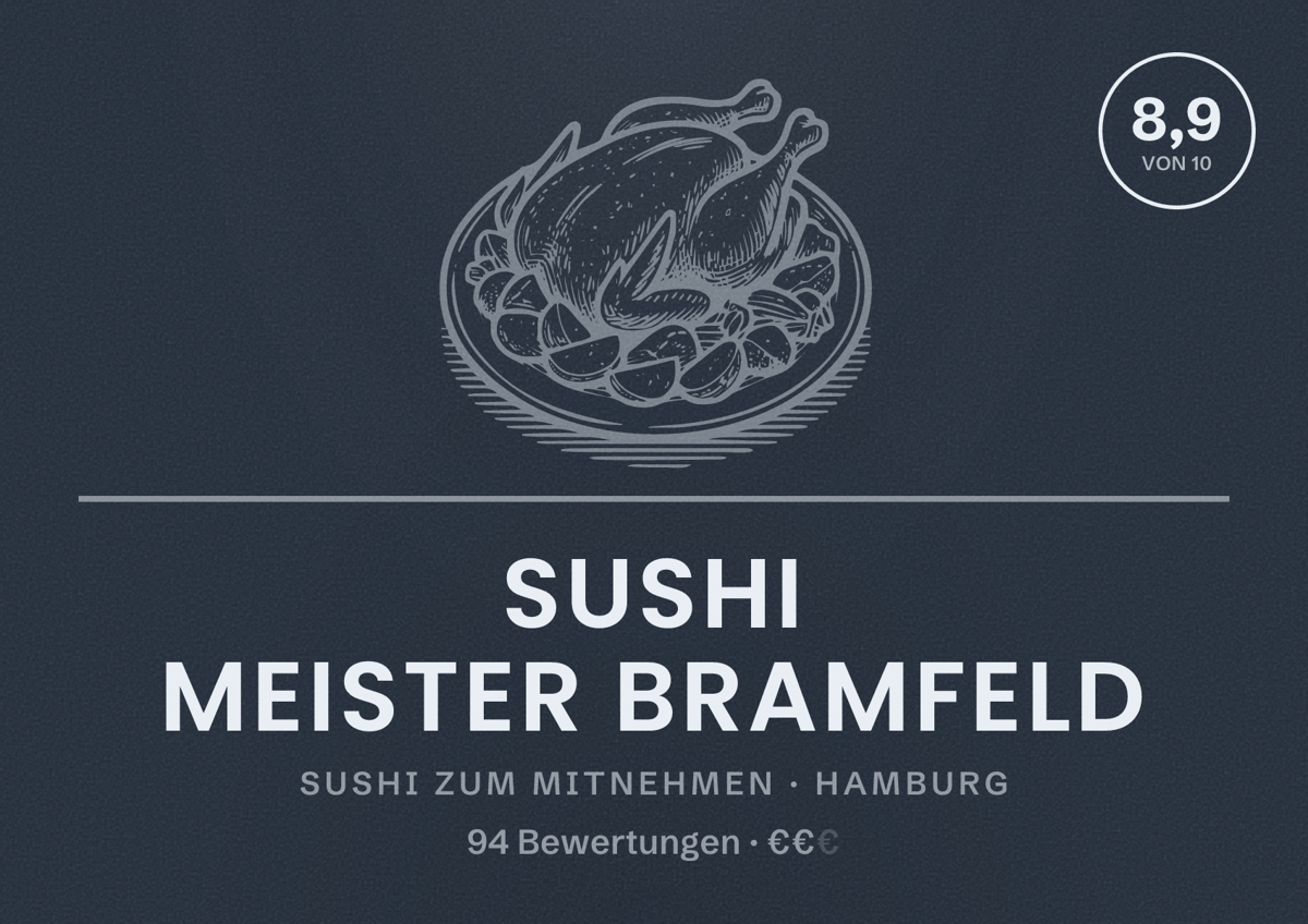 Illustriertes Poster von Sushi Meister Bramfeld, Sushi zum Mitnehmen in Hamburg: Bewertung 8,9 von 10 aus 94 Bewertungen, Preisniveau €€