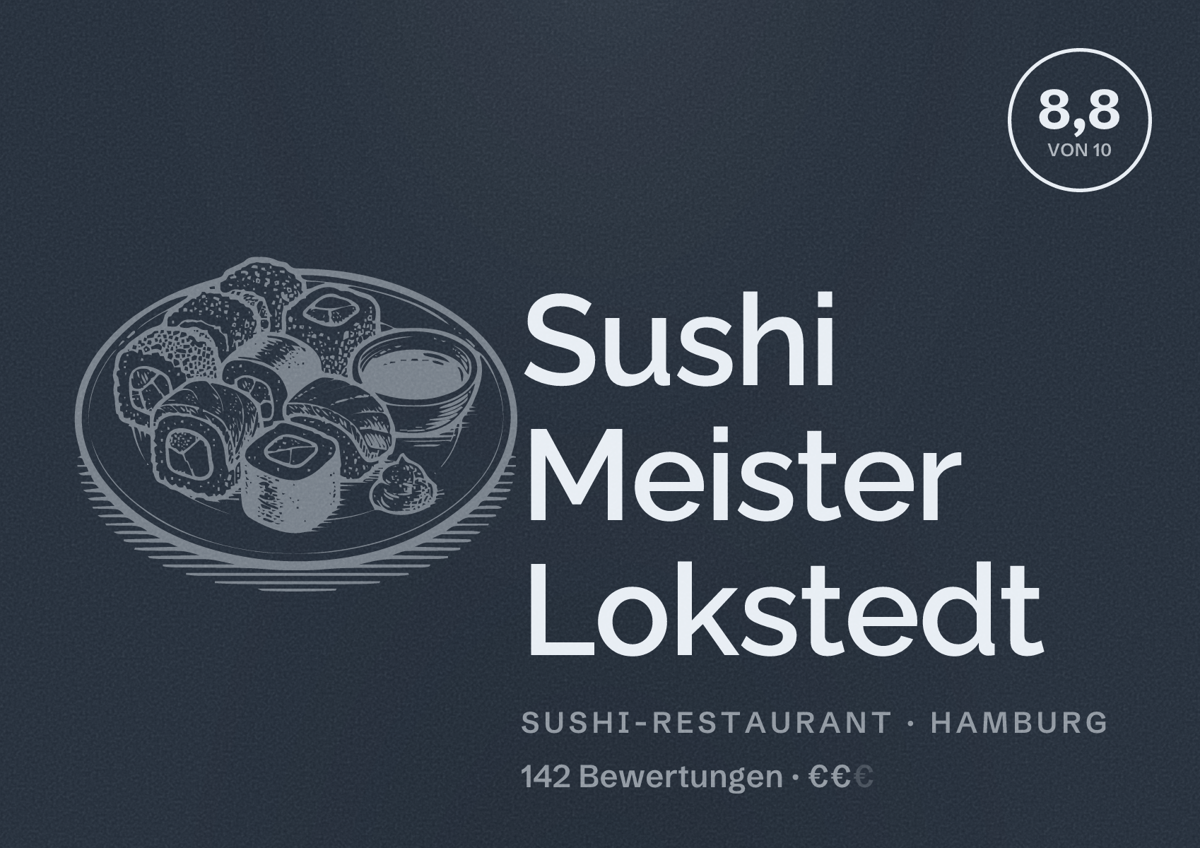 Illustriertes Poster von Sushi Meister Lokstedt, Sushi-Restaurant in Hamburg: Bewertung 8,8 von 10 aus 142 Bewertungen, Preisniveau €€