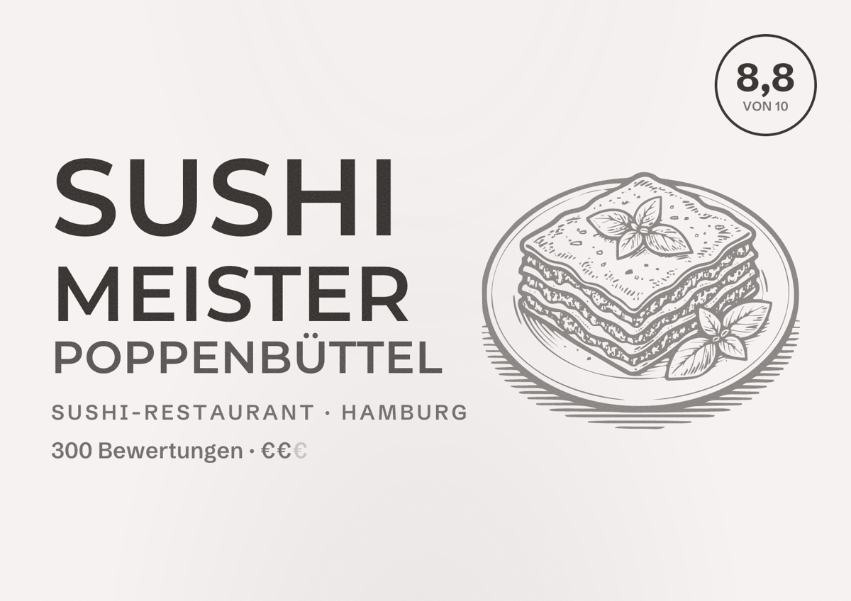 Illustriertes Poster von Sushi Meister Poppenbüttel, Sushi-Restaurant in Hamburg: Bewertung 8,8 von 10 aus 300 Bewertungen, Preisniveau €€