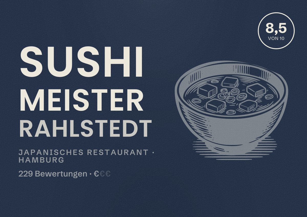 Illustriertes Poster von Sushi Meister Rahlstedt, Japanisches Restaurant in Hamburg: Bewertung 8,5 von 10 aus 229 Bewertungen, Preisniveau €