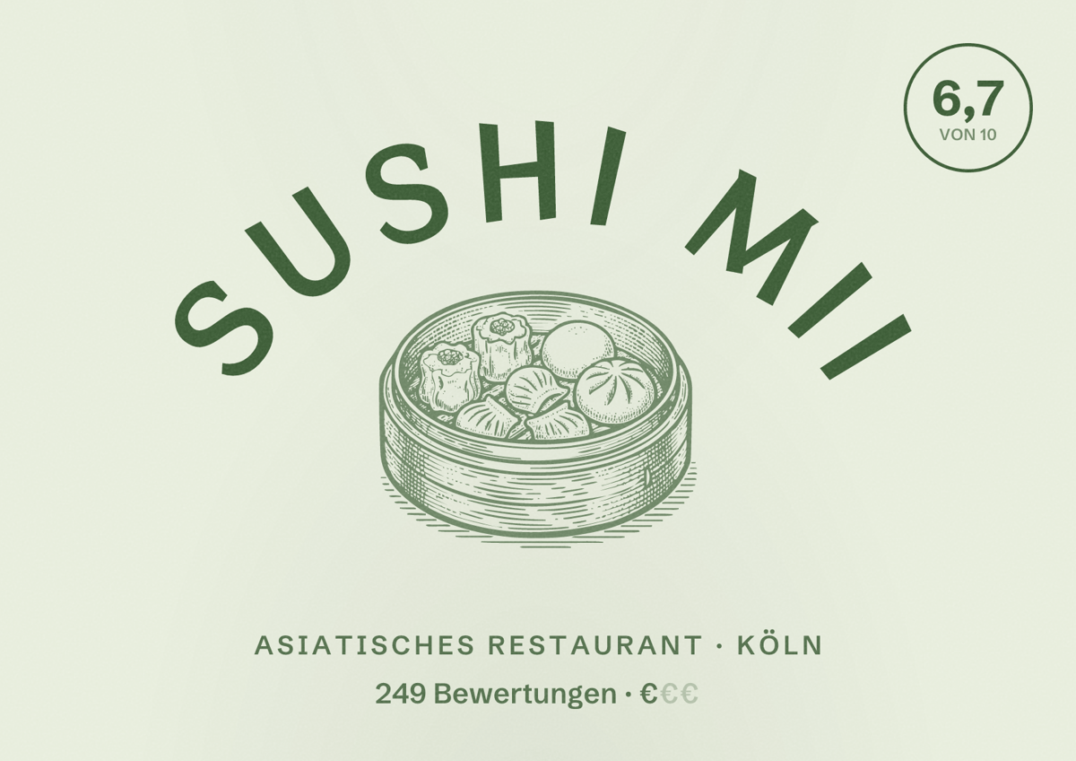 Illustriertes Poster von Sushi Mii, Asiatisches Restaurant in Köln: Bewertung 6,7 von 10 aus 249 Bewertungen, Preisniveau €