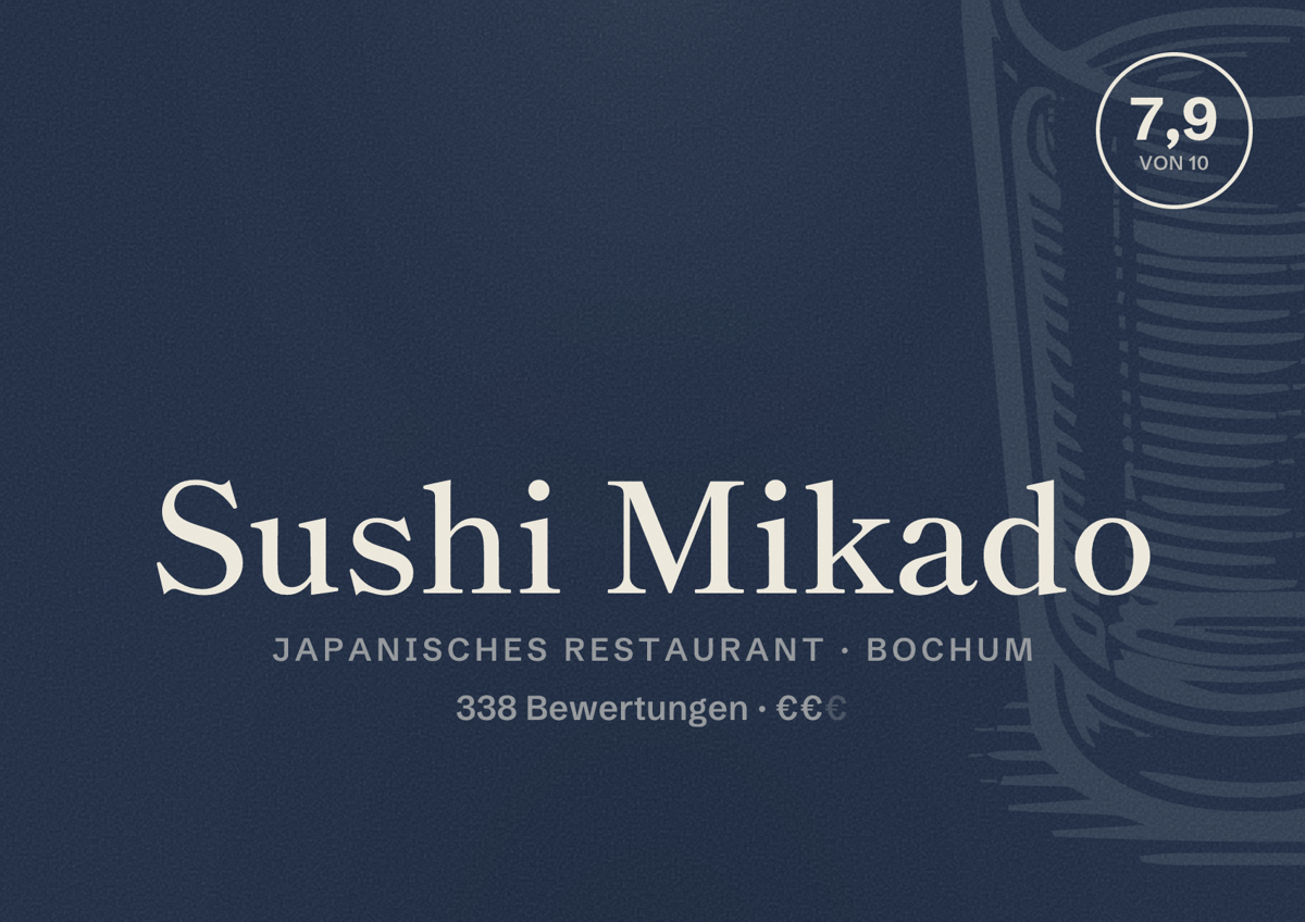 Illustriertes Poster von Sushi Mikado, Japanisches Restaurant in Bochum: Bewertung 7,9 von 10 aus 338 Bewertungen, Preisniveau €€