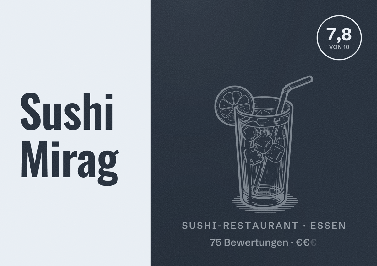 Illustriertes Poster von Sushi Mirag, Sushi-Restaurant in Essen: Bewertung 7,8 von 10 aus 75 Bewertungen, Preisniveau €€