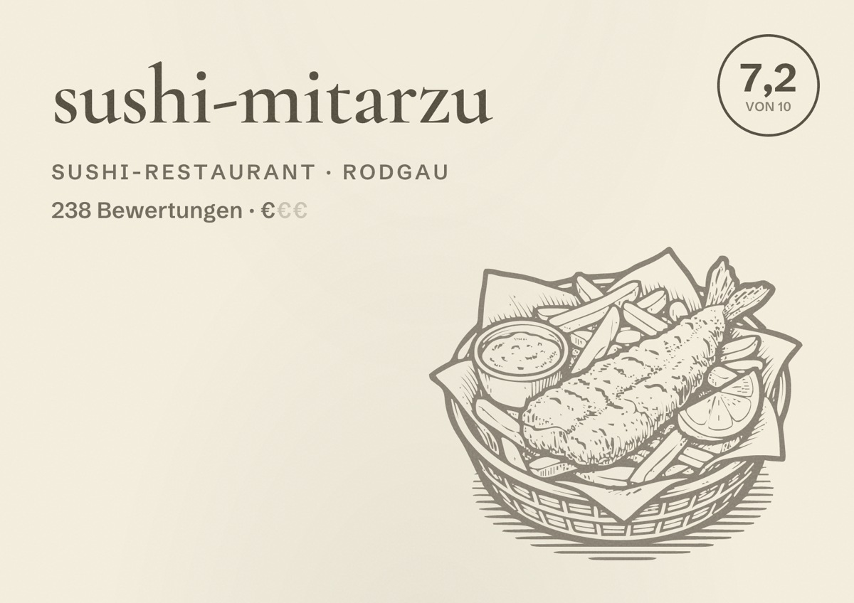 Illustriertes Poster von sushi-mitarzu, Sushi-Restaurant in Rodgau: Bewertung 7,2 von 10 aus 238 Bewertungen, Preisniveau €