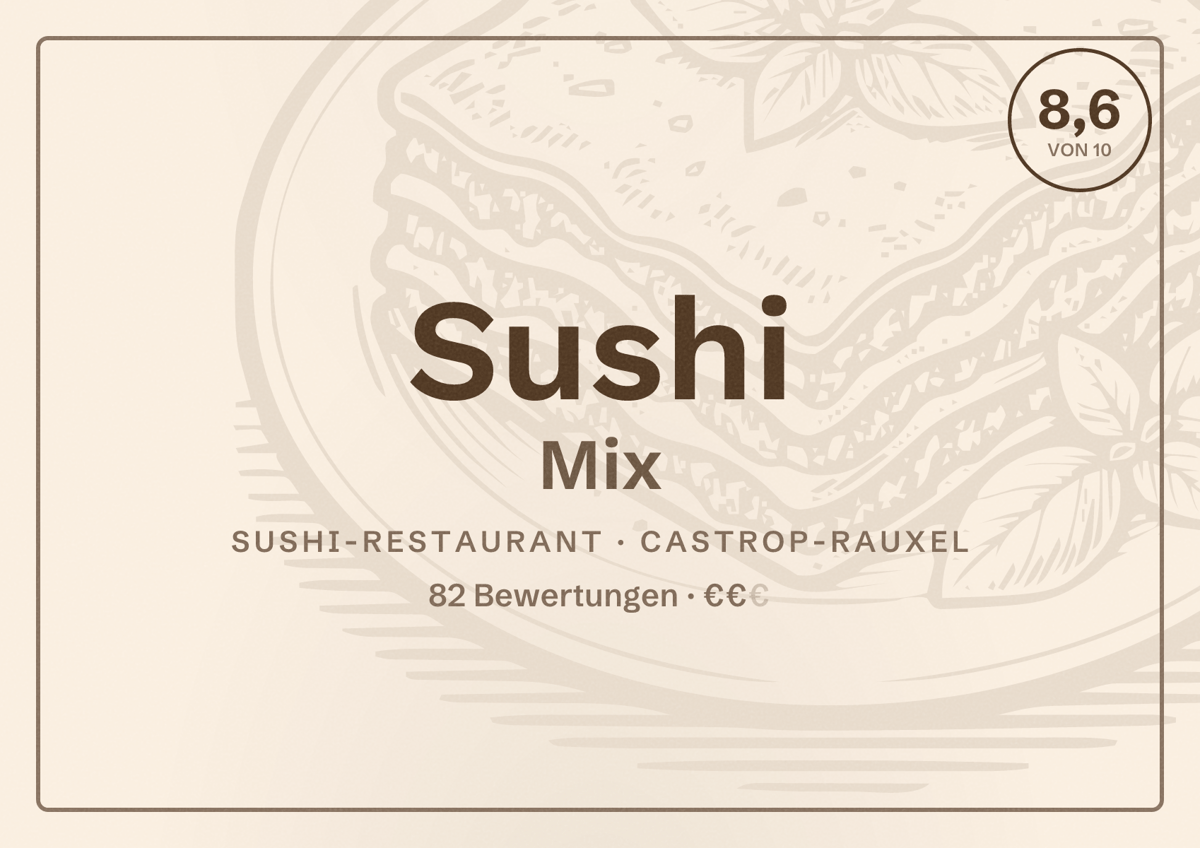 Illustriertes Poster von Sushi Mix, Sushi-Restaurant in Castrop-Rauxel: Bewertung 8,6 von 10 aus 82 Bewertungen, Preisniveau €€