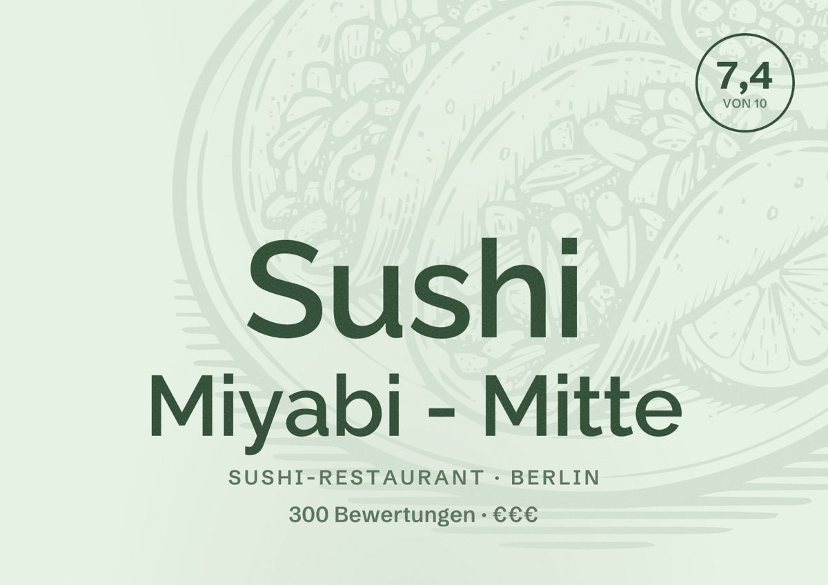Illustriertes Poster von Sushi Miyabi - Mitte, Sushi-Restaurant in Berlin: Bewertung 7,4 von 10 aus 300 Bewertungen, Preisniveau €€€