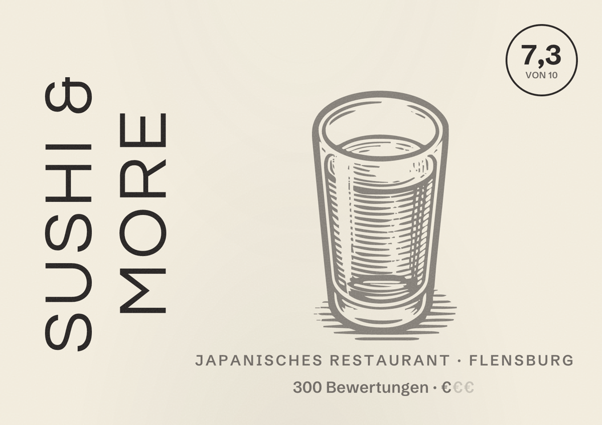 Illustriertes Poster von Sushi & More, Japanisches Restaurant in Flensburg: Bewertung 7,3 von 10 aus 300 Bewertungen, Preisniveau €