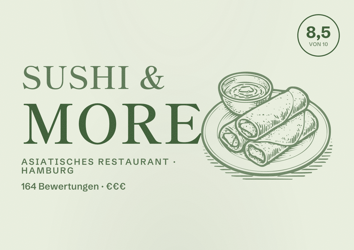 Illustriertes Poster von Sushi & More, Asiatisches Restaurant in Hamburg: Bewertung 8,5 von 10 aus 164 Bewertungen, Preisniveau €€€