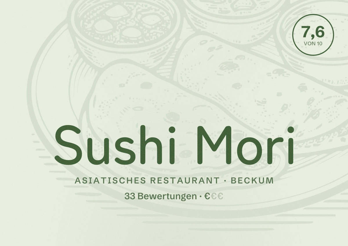 Illustriertes Poster von Sushi Mori, Asiatisches Restaurant in Beckum: Bewertung 7,6 von 10 aus 33 Bewertungen, Preisniveau €